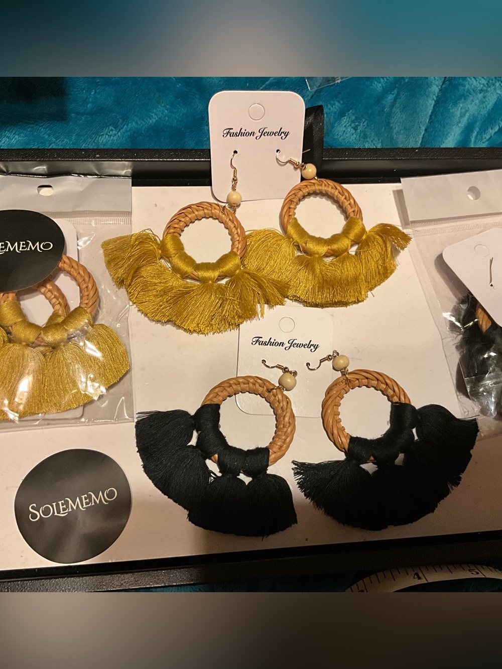 NW Boho Hallow Out Mustard Yellow or Black Fringe tassel Woven wood Hoop Earring